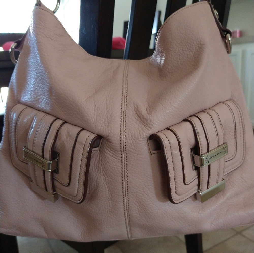 Isaac Mazrahi ballet pink Pebble leather handbag with dust cover